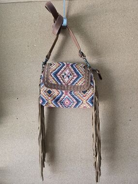 Maya Bag Cotton Woven Boho Crossbody w/ Leather Fringe Southwestern
